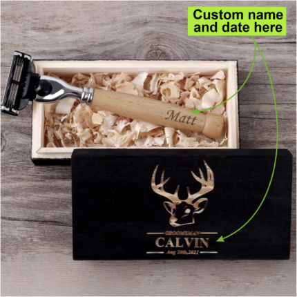 Personalized Wooden Handle Razor & Goat-Shaped Bakelite Comb